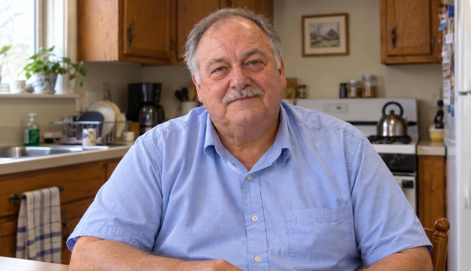 AI-generated portrait of Walter Brenner, a fictional older man in a blue shirt seated in a home kitchen.
