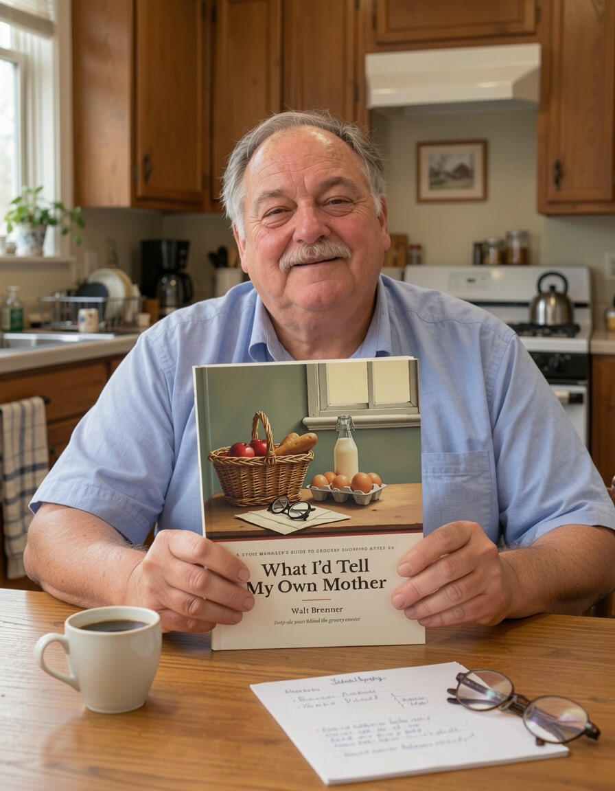 Walt Brenner at his kitchen table with coffee, holding What I’d Tell My Own Mother